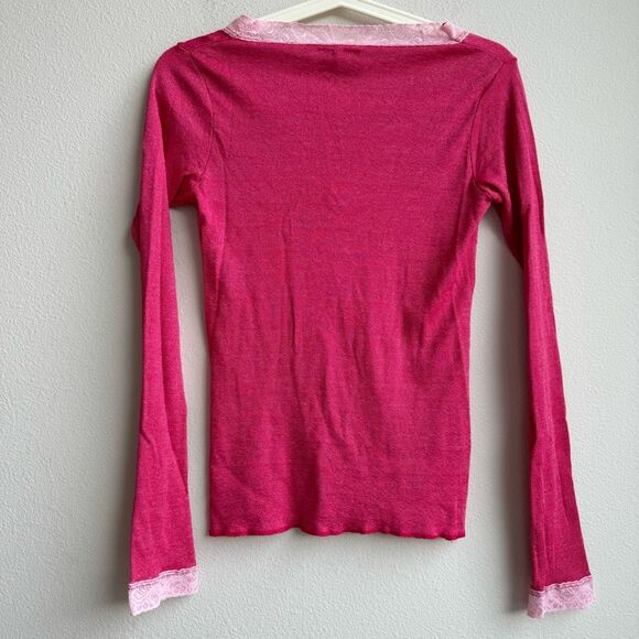 Anthropologie Michael Stars Pink Lurex Lace Trim Long Sleeve Top One Size Medium - Picture 4 of 5